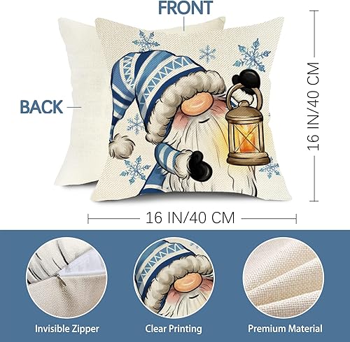 Miniatura 2 de Fjfz Hello Winter - Juego de 4 fundas de almohada decorativas de gnomo azul de 16 x 16 pulgadas, diseño de copos de nieve, lámpara de cacao