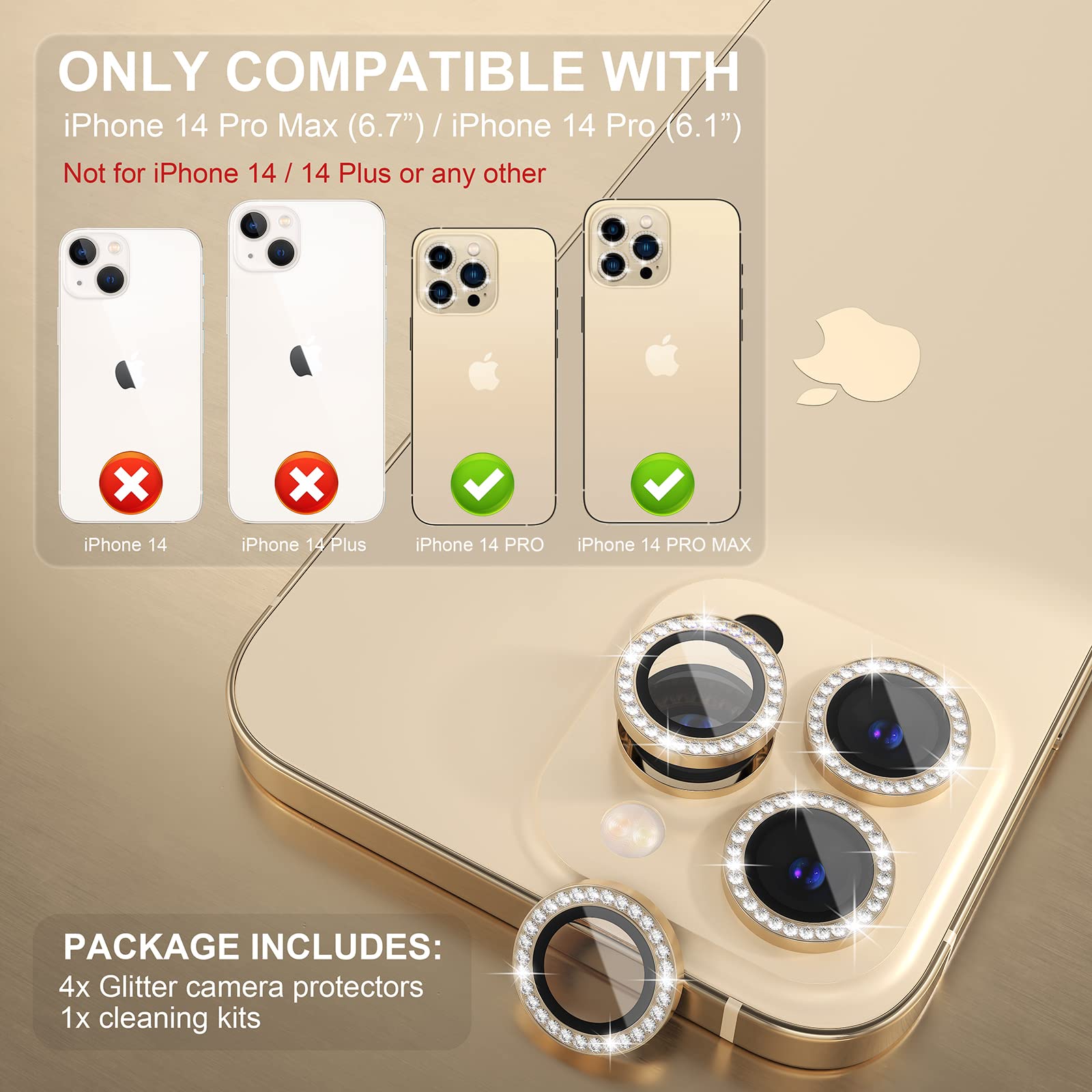 [3+1] Choiche dla iPhone 14 Pro / iPhone 14 Pro Max osłona obiektywu aparatu, szkło hartowane 9H, osłona aparatu, ochraniacz ekranu, metalowy pierścień, akcesoria dekoracyjne (diamentowo-złoty)