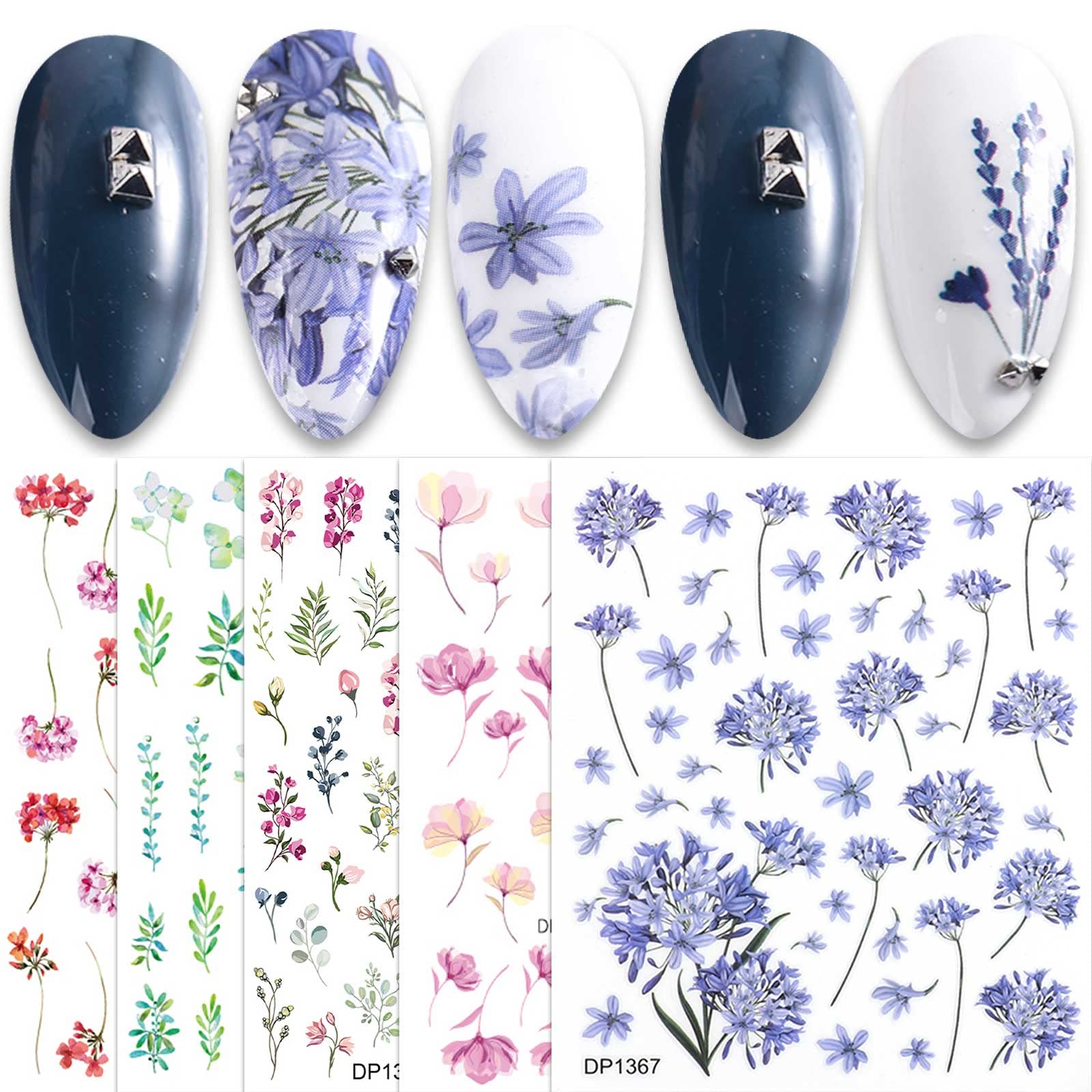 JMEOWIO 6 Sheets Spring Flower Nail Art Stickers Decals Self-Adhesive Pegatinas Uñas Summer Colorful Floral Nail Supplies Nail Art Design Decoration Accessories