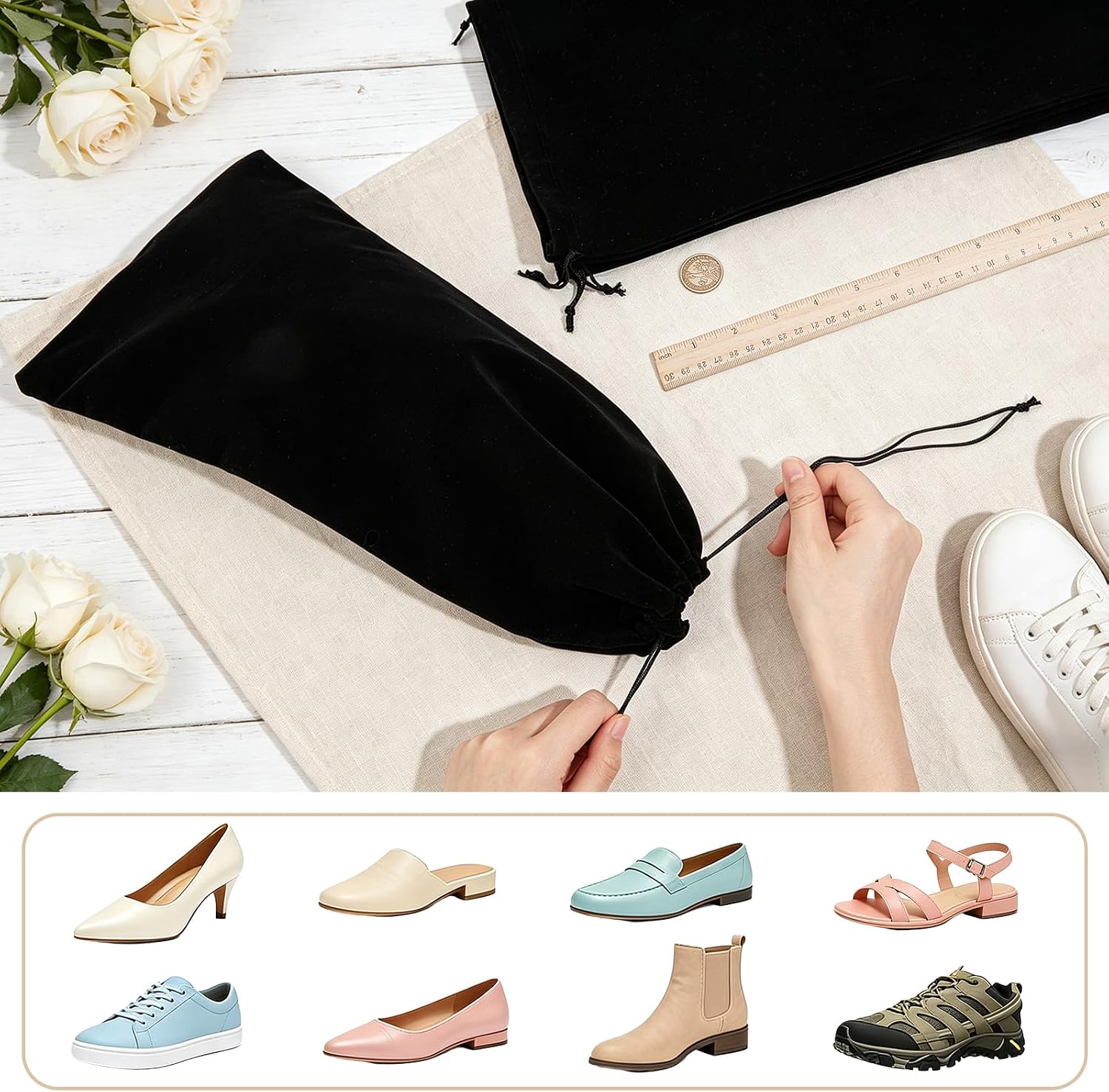 12 Pcs Single Shoe Bags for Travel, Flannel Fabric Shoe Dust Bag with Drawstring for Men Women, Washable Packing Shoes Travel Bags Protecting Storing Boots Luggage Suitcase