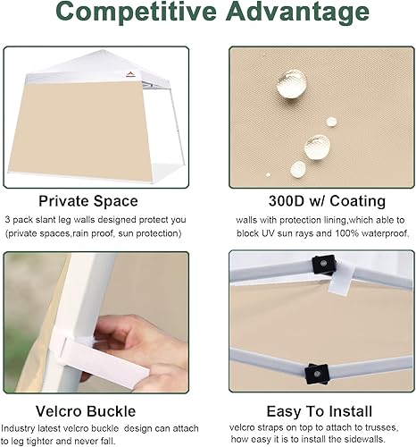 Miniatura 4 de EMSCANOPY - Pared solar para toldo desplegable de patas inclinadas de 10 x 10 pies, paquete de 3 paredes laterales solo (beige)