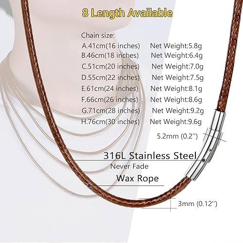 Miniatura 4 de PROSTEEL Collar de cuero trenzado de cuerda encerada de 16 a 30 pulgadas, cierre duradero de acero inoxidable, cadena de cuerda de cera tejida para