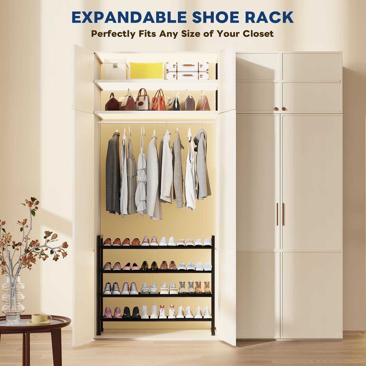 Mavivegue Expandable Shoe Rack, 4-Tier 19"-43.3" Adjustable Shoe Rack for Closet,Hall Entryway,Front Door,Garage, Sturdy Steel Space-Saving Rack, Black​