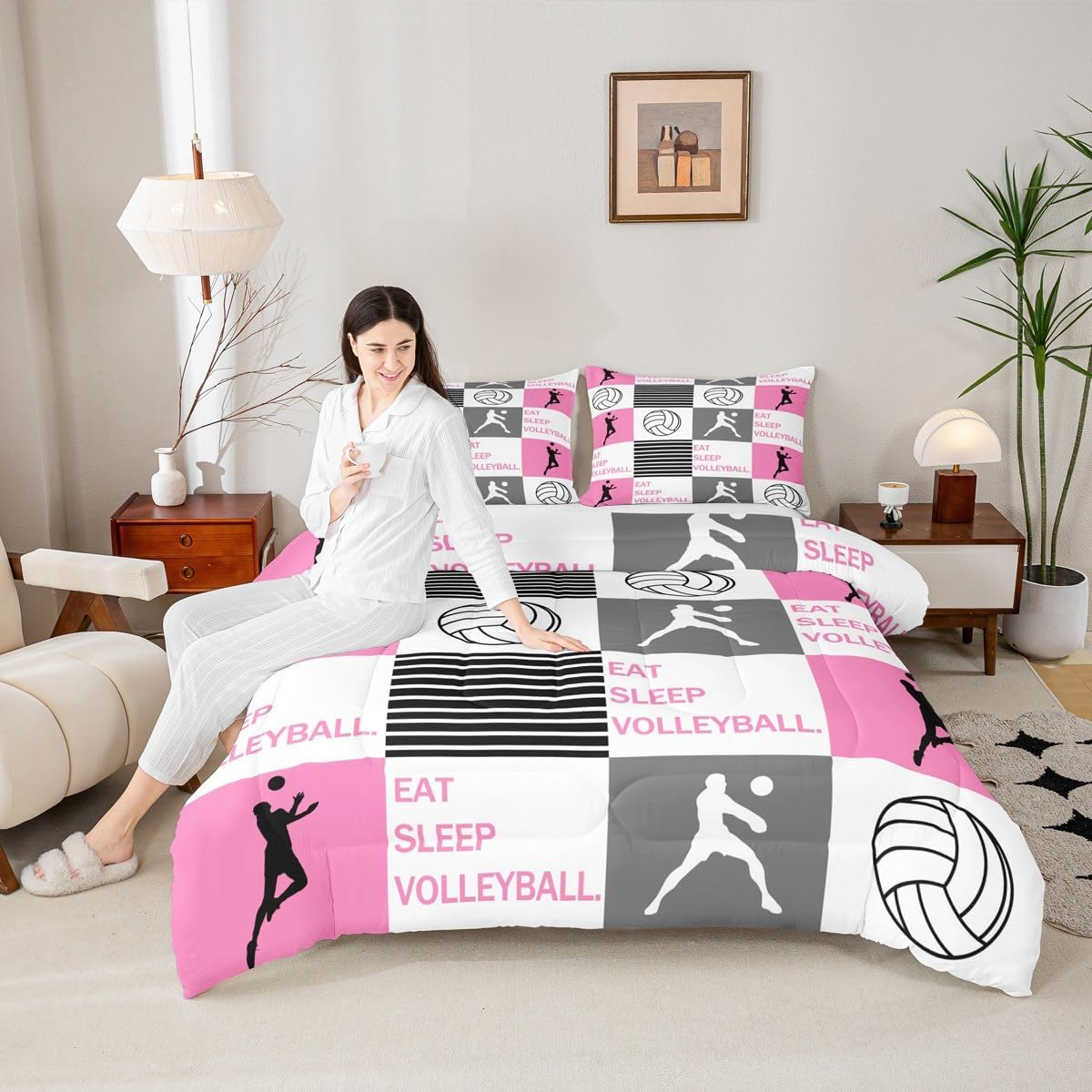 Feelyou Volleyball Comforter Set for Kids Boys Girls Sports Game Comforter Twin Size Volleyball Player Bedding Set Bedroom Decor Pink White Black Duvet Set Quilt Set 2Pcs