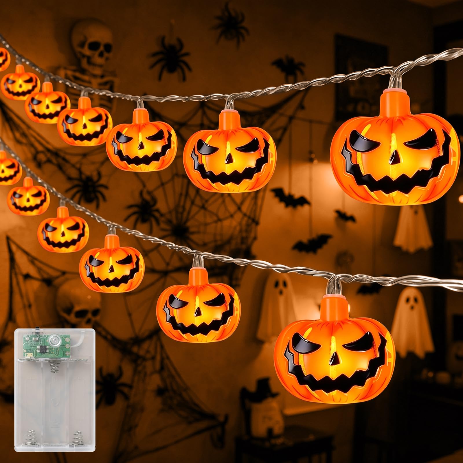 A.bigwhale Halloweenowy łańcuch świetlny z dyniami i timerem, halloweenowa dekoracja świetlna na Halloween, 3 m, 20 diod...