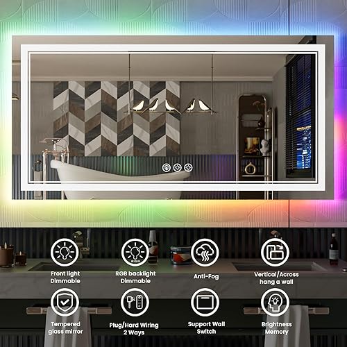 Miniatura 3 de Espejo de baño LED de 84 x 32 pulgadas con luces, espejo retroiluminado RGB que cambia de color, espejos de tocador grandes iluminados para pared de