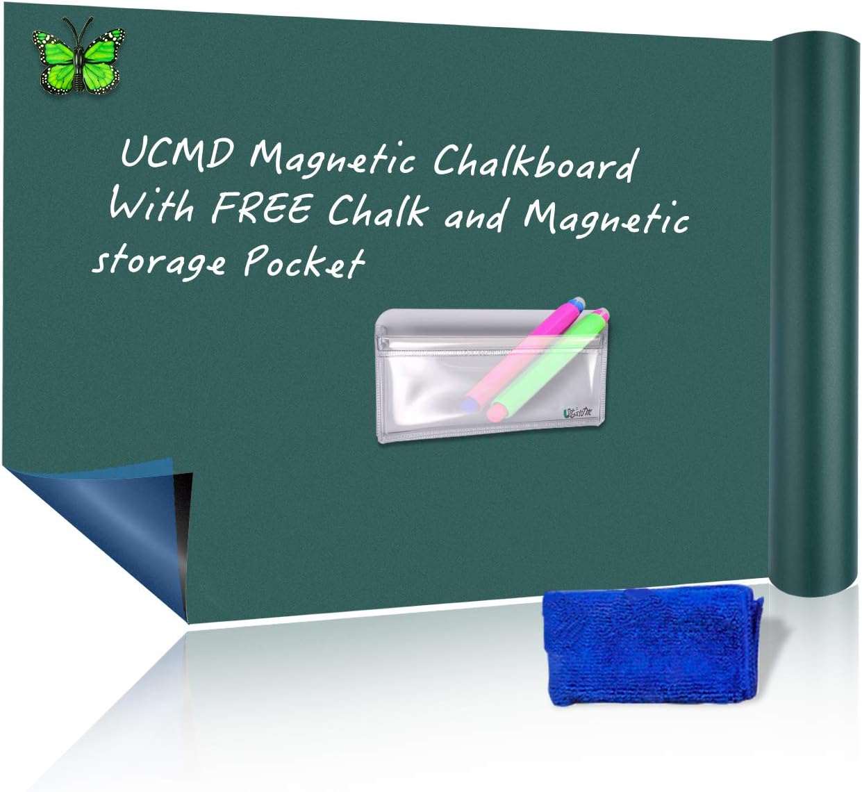 UCMD Large Magnetic Self Adhesive Chalkboard Sticker -31.5”x 23.6''- 2 Dustless Chalks,1Magnetic Bag,Erase Cloth Included - Green Blackboard for School,Office, Home