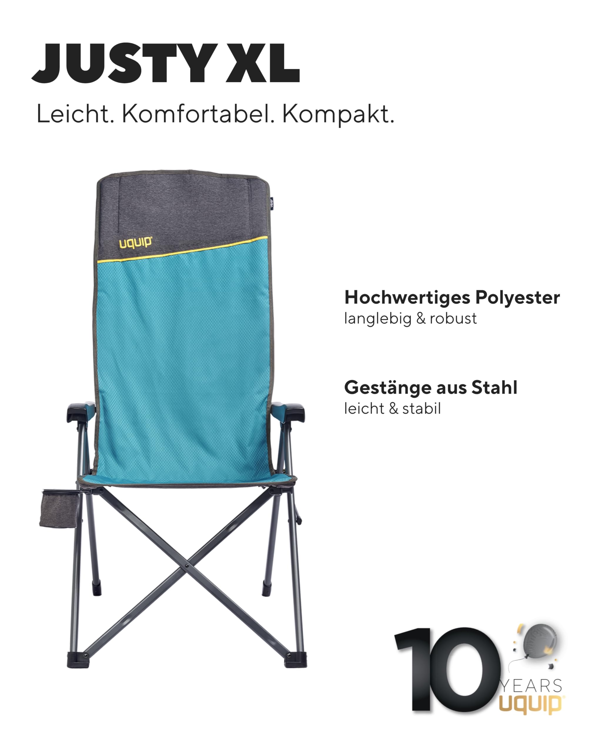 Uquip Campingstuhl Justy XL petrol I faltbarer Klappstuhl mit 120 kg Traglast I kompakter Faltstuhl aus Stahl & Polyester I klappbarer Outdoor-Stuhl für Camping, Strand, Angeln, Garten & Festivals