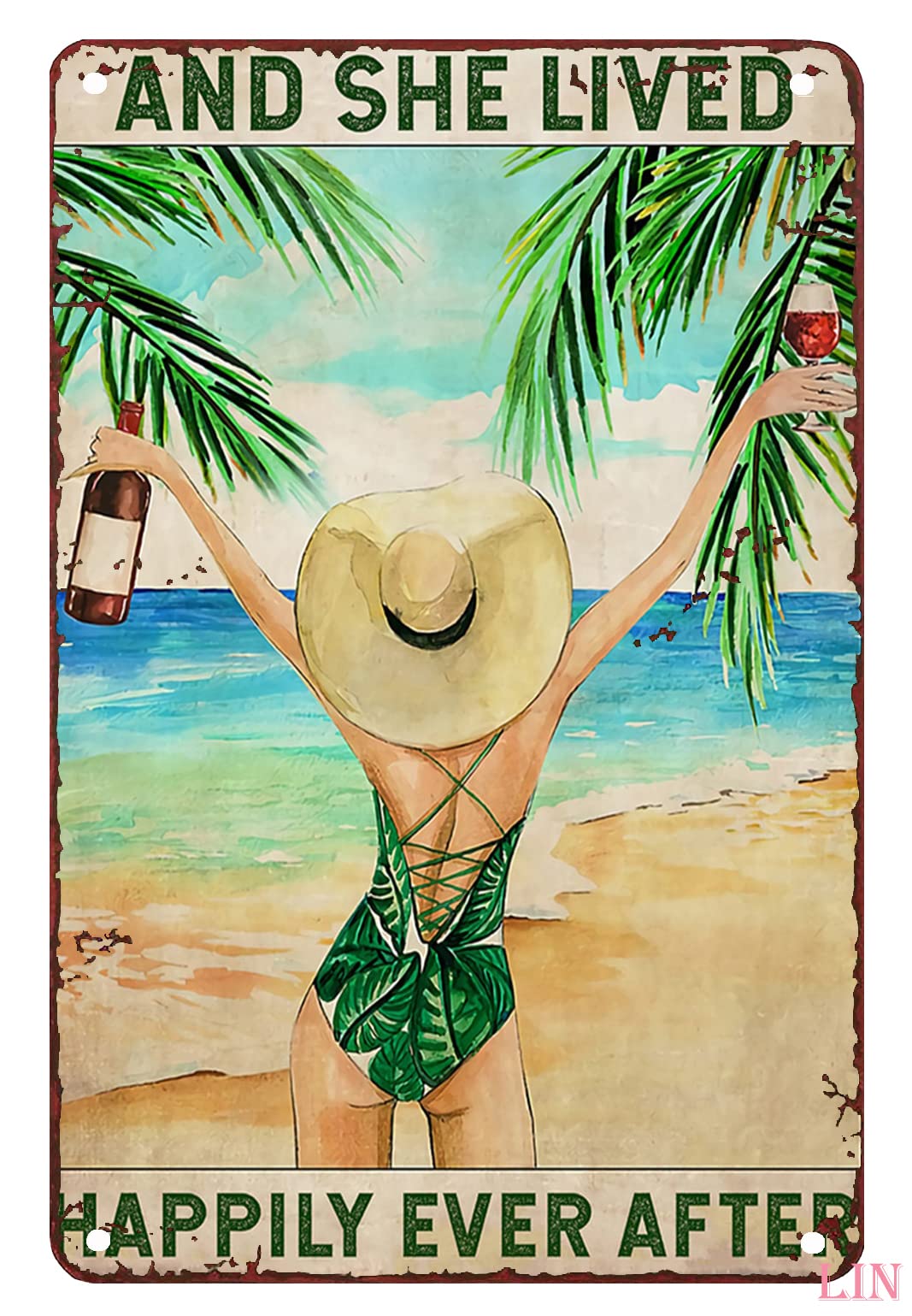 Yunking Style-750 Tin Signs Vintage Kitchen Wine Beach And She Lived Happily Ever After Vintage Poster Loved Wine And Beach Poster Wine Beach Summer Poster Rustic Aluminum Tin Signs Wall Art Metal Poster 12X8 Inch