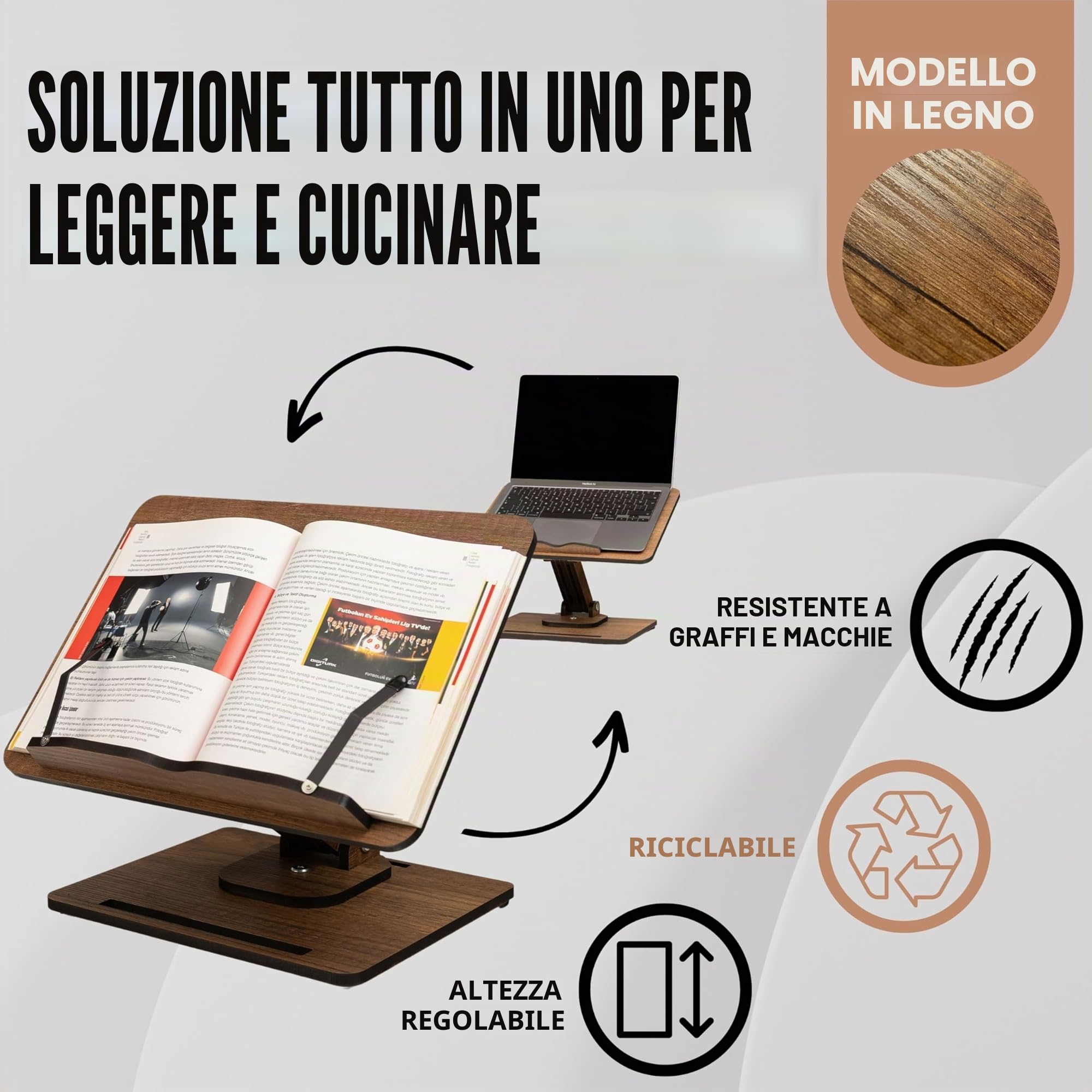 Vigo Wood Supporto per Libri - Leggio in Legno Pieghevole e Supporto per Laptop - Regolabile, Pieghevole, Scaffale per Libri - Accessorio da Cucina e Ufficio per una Lettura e Lavoro Comodi
