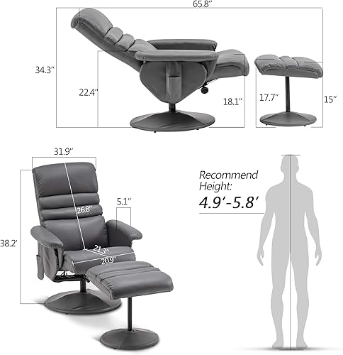 Miniatura 11 de MCombo Silla reclinable con otomana, silla reclinable con masaje, silla giratoria 360 de piel sintética, 7902 (gris oscuro) Gris