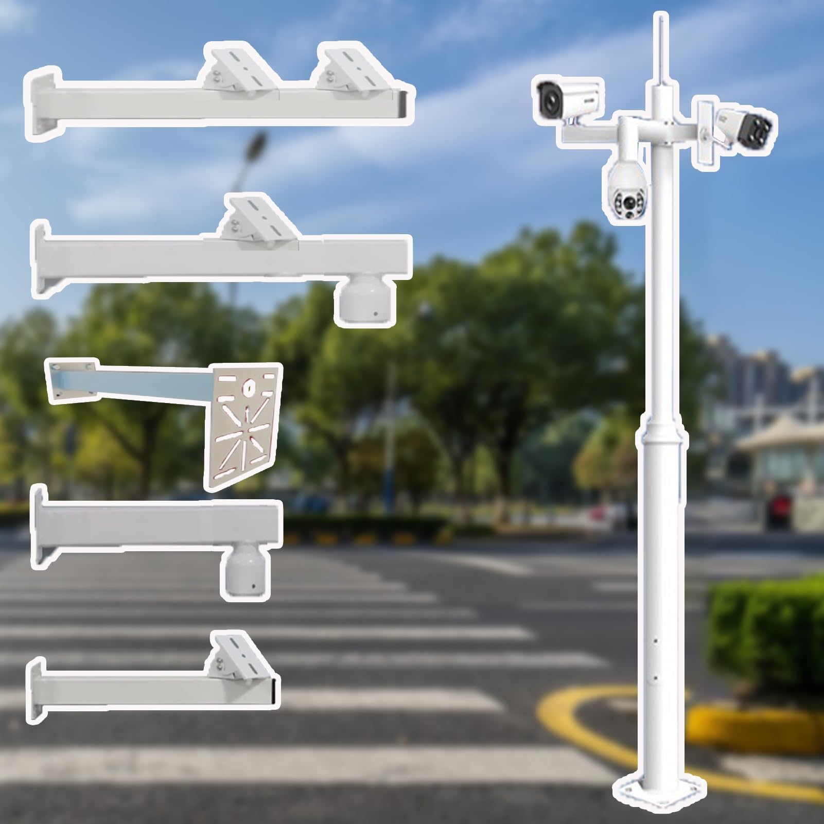 Aioneer 5 Cross Arms Security Camera Pole For Traffic Surveillance, Adjustable Multi-Angle Weatherproof Mount, Universal 3.0M Tall Camera Stand