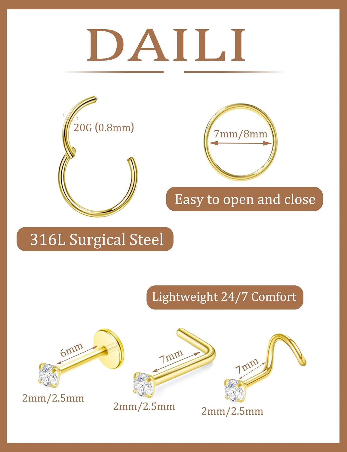 Titanium Nose Rings Hoops Studs, 20G 8PCS L Shaped Screw Threadless Flat Back Nose Stud 2mm 2.5mm Cubic Zirconia Small Silver Gold Hypoallergenic Nose Ring Hoops Piercing Jewelry for Women Men thumbnail