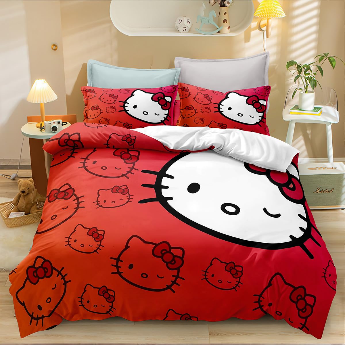 BAgLev Duvet Cover Bedding Sets Soft Microfiber Bed Set Collection, No Comforter Sheet Duvet Cover Hello Kitty Bedding Bed Set Printed Quilt Cover Set with Pillow Cases, Queen, Sypm44