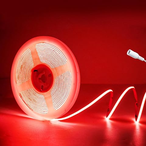 12V Tira LED COB de Rojo, 5m flexible Luces LED 4mm de ancho, 480LEDs/m recortable autoadhesiva strip light, para dormitorio, cocina, proyecto de iluminación DIY (Sin energía)