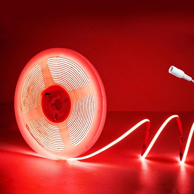 12V Tira LED COB de Rojo, 5m flexible Luces LED 4mm de ancho, 480LEDs/m recortable autoadhesiva strip light, para dormitorio, cocina, proyecto de iluminación DIY (Sin energía)