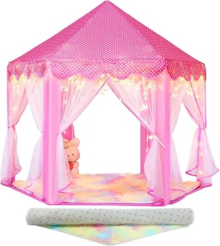 Princess Tent with Rainbow Rug, Pink Play Tent for Kids, Girls Toys Set for Indoor Princess Games Decor, Princess Castle Playhouse