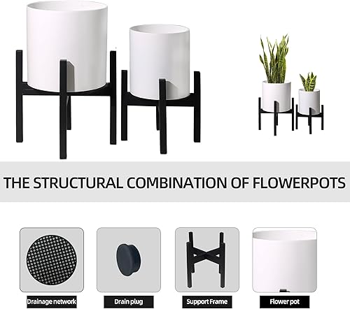 Miniatura 4 de Juego de 2 macetas con soportes, macetas de mediados de siglo para plantas de interior, macetas decorativas modernas para balcón, oficina, sala de