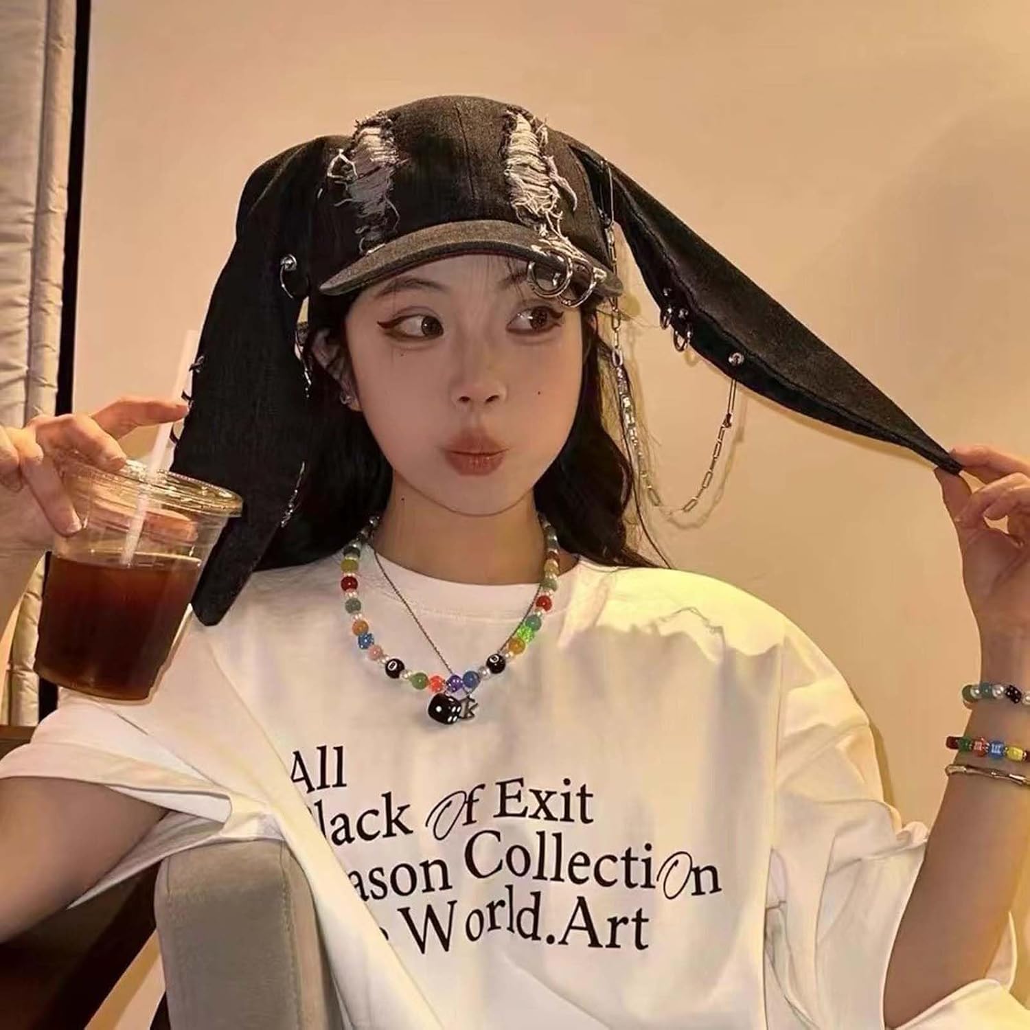with Ears Y2k Grunge Metal Iron Ring Chain Distressed Denim Baseball Cap Sun Caps Hiphop Dance Hat