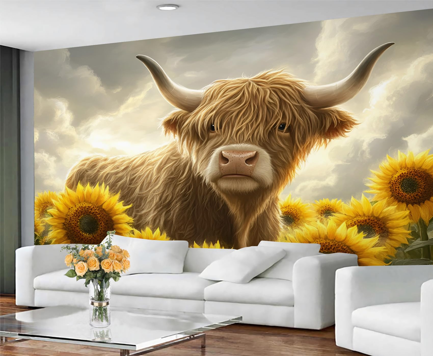 GIVLWF Wallpaper - Cow Floral Home Decor & Mural, Cartoon Sunflower Bedroom Wallpaper, Western Farmhouse Wall Paper for Living Room, Large Wall Mural (Not Self-Adhesive) — image 1