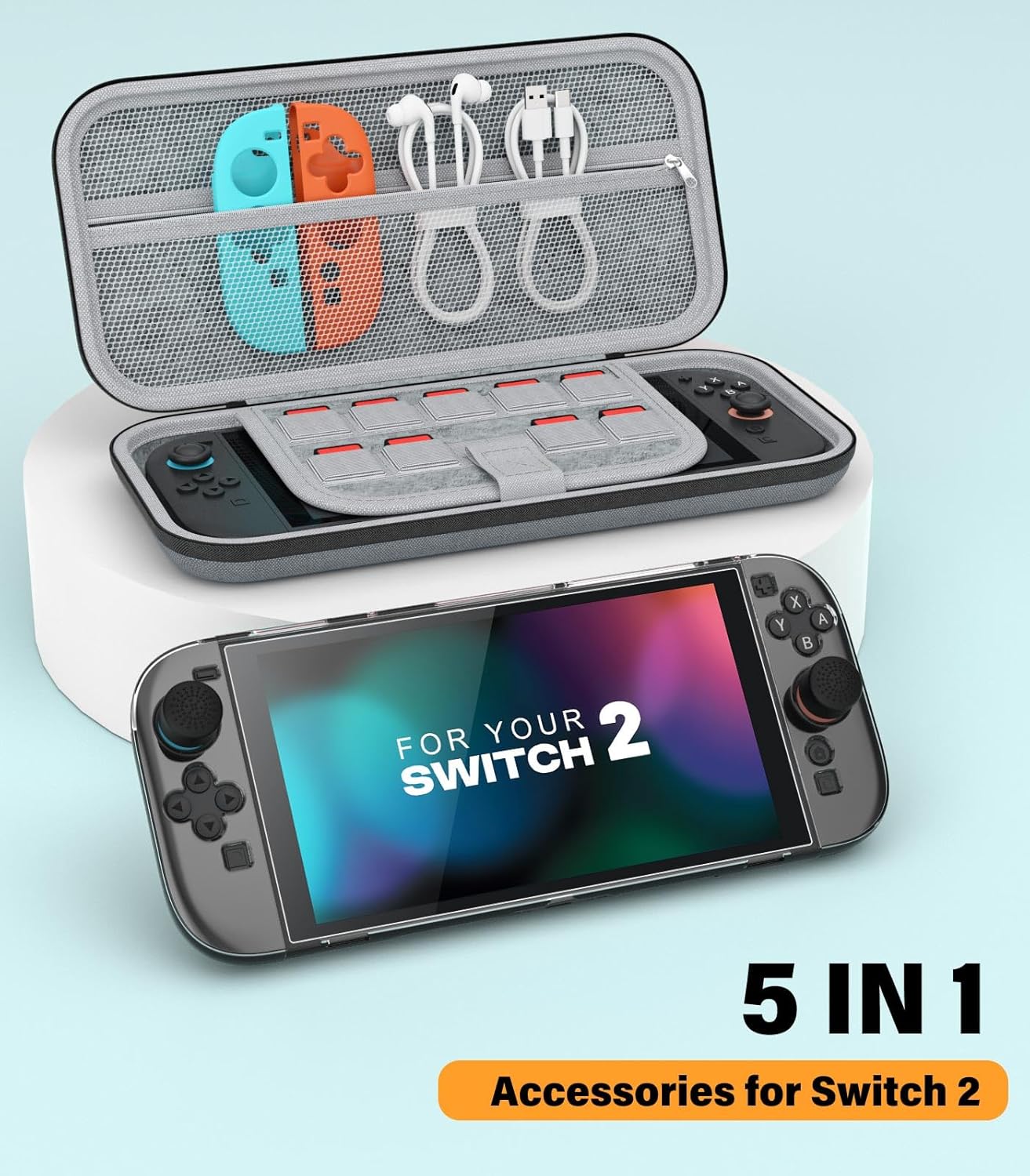 MoKo Switch 2 Accessories Bundle Kit for Nintendo Switch 2 (2025), 14 in 1 Gift Kit with Carrying Case, Protective Cover, Clear TPU Joycon Case, 2x Screen Protectors and 8x Thumb Grip Caps, Gray - Image 9