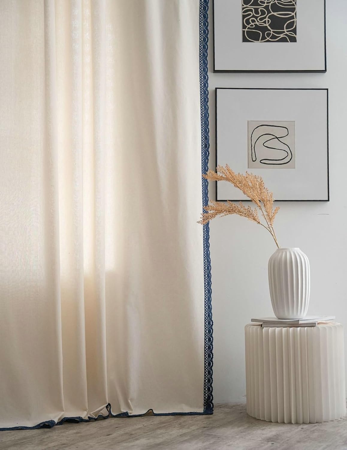 Daesar Semi Blackout Curtains 2 Panels Set, Cotton Linen Grommet Window Curtains 59" W x 87" H Drapes Solid Color with Lace Border Beige White Blue Blackout Curtains for Bedroom Living Room