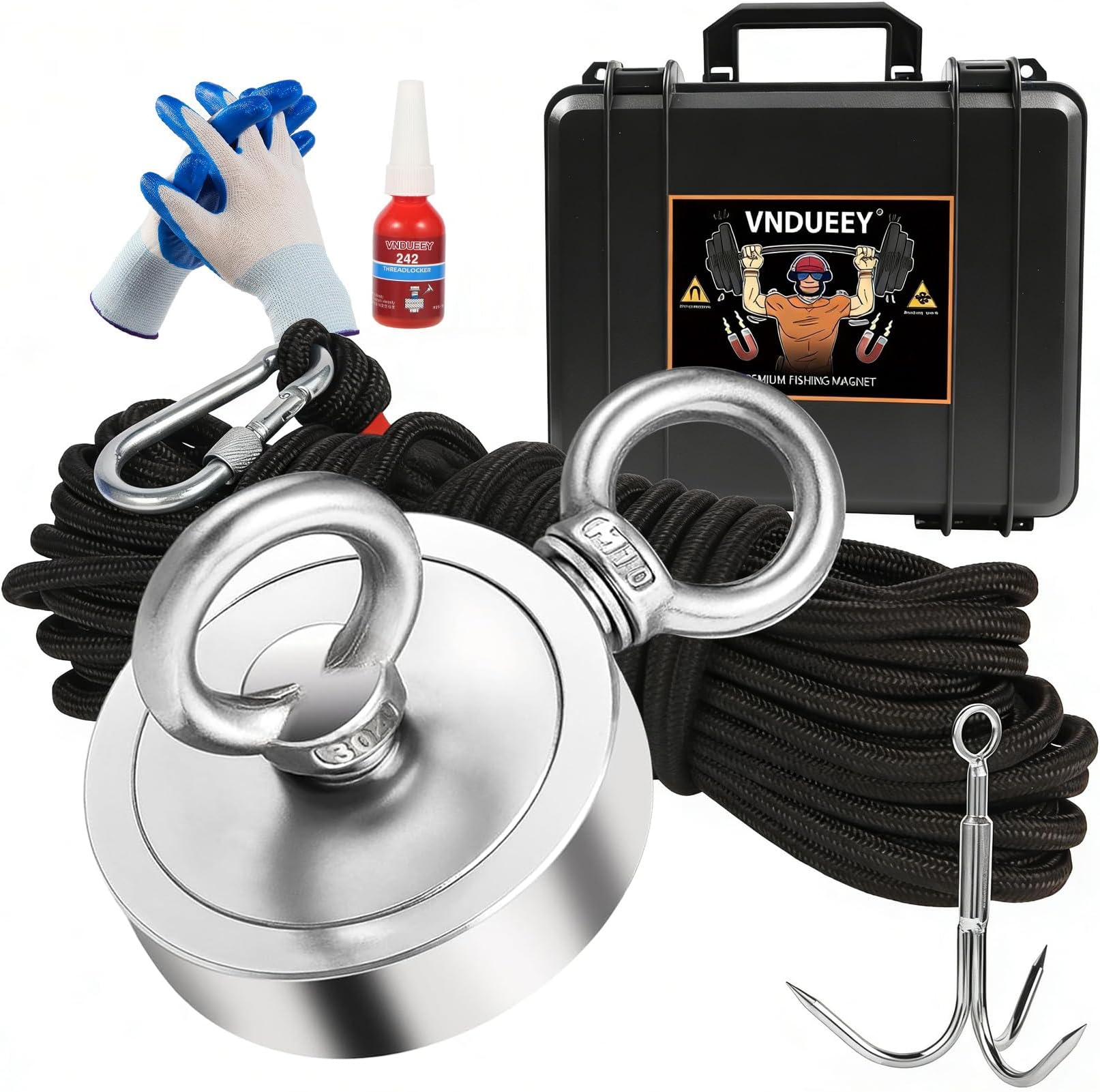 VNDUEEY 1000 LBS Fishing Magnet Kit, Magnet Fshing Kit-Includes Grappling Hook, Heavy Duty 65FT Rope, Gloves & Locking Carabiner - 2.95inch Diameter