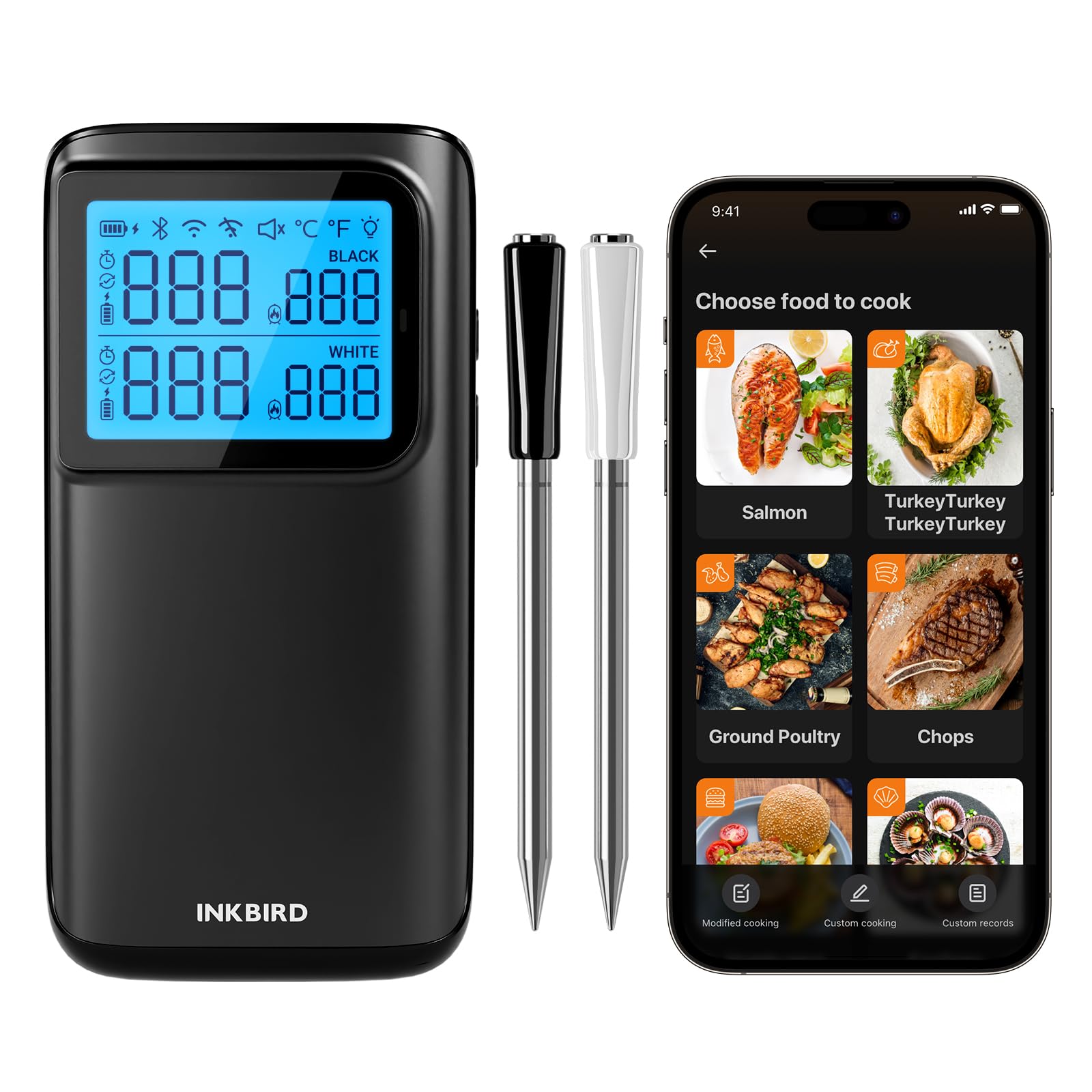 INKBIRD INT-12E-BW Fleischthermometer kabellos, WiFi 5G und Bluetooth 5.4 Grillthermometer, 2 Sonden mit 5 Sensoren Bratenthermometer für BBQ, Grill, Backofen, Küche,Rotisserie Airfryer Ofen