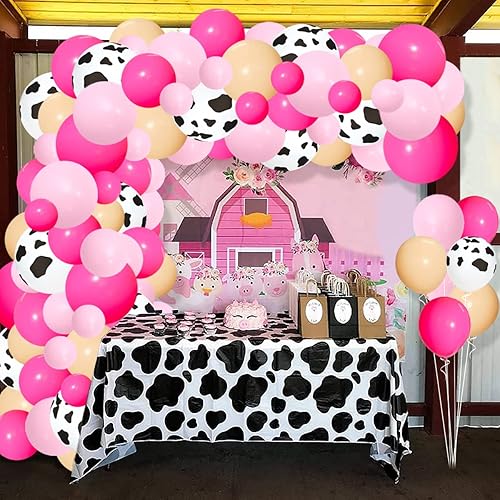 Miniatura 7 de Juego de globos de vaca color rojo rosa y rosa - 122 globos con estampado de vaca, guirnalda de arco de globos color nude para niña, cumpleaños de