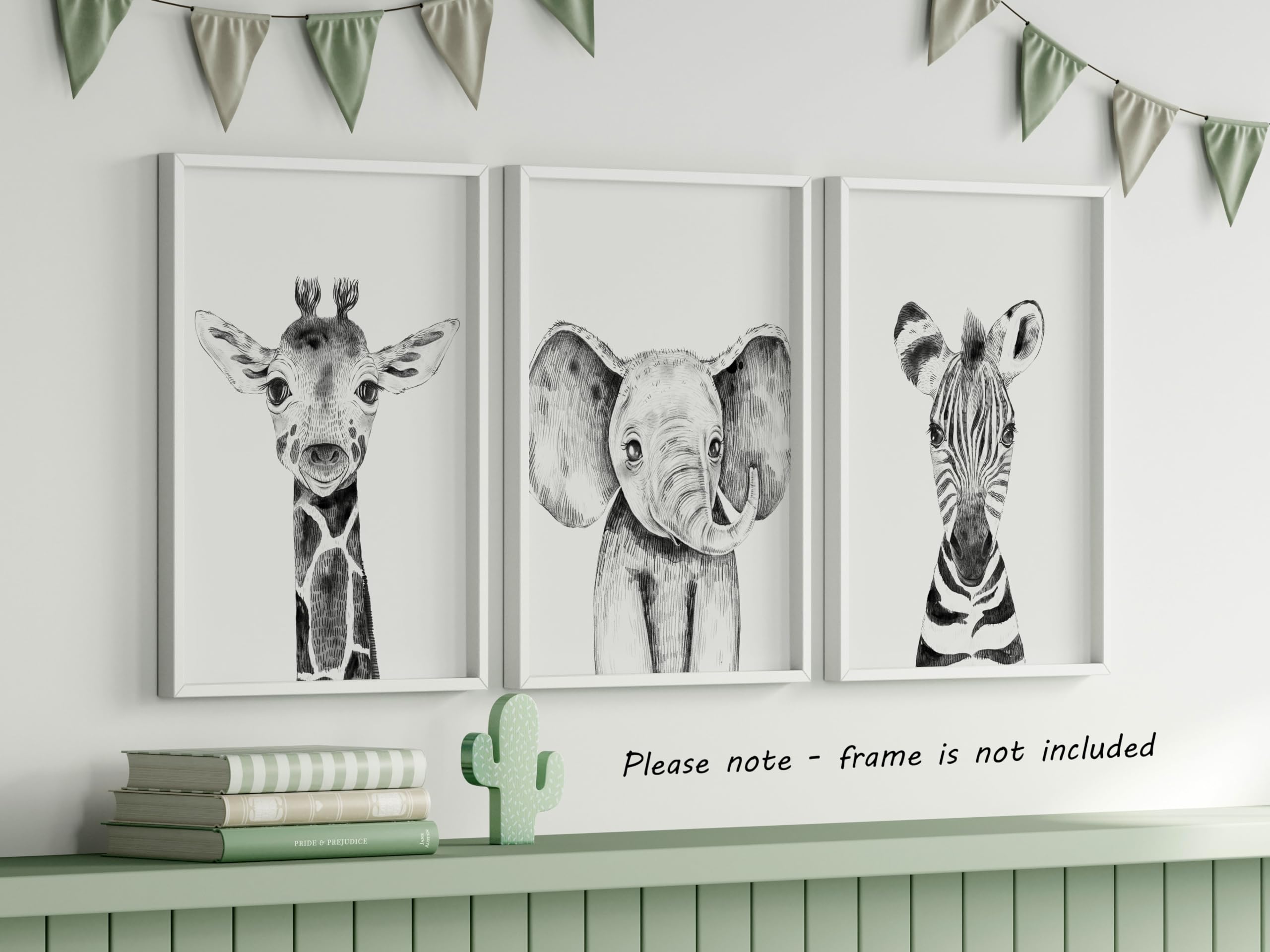 Eviepops Prints Quadri Cameretta Bambini Safari – Set di 3 Stampe Animali Elefante, Giraffa, Zebra Stile Bianco e Nero Decorazione Parete Bambini Senza Cornice (A3)