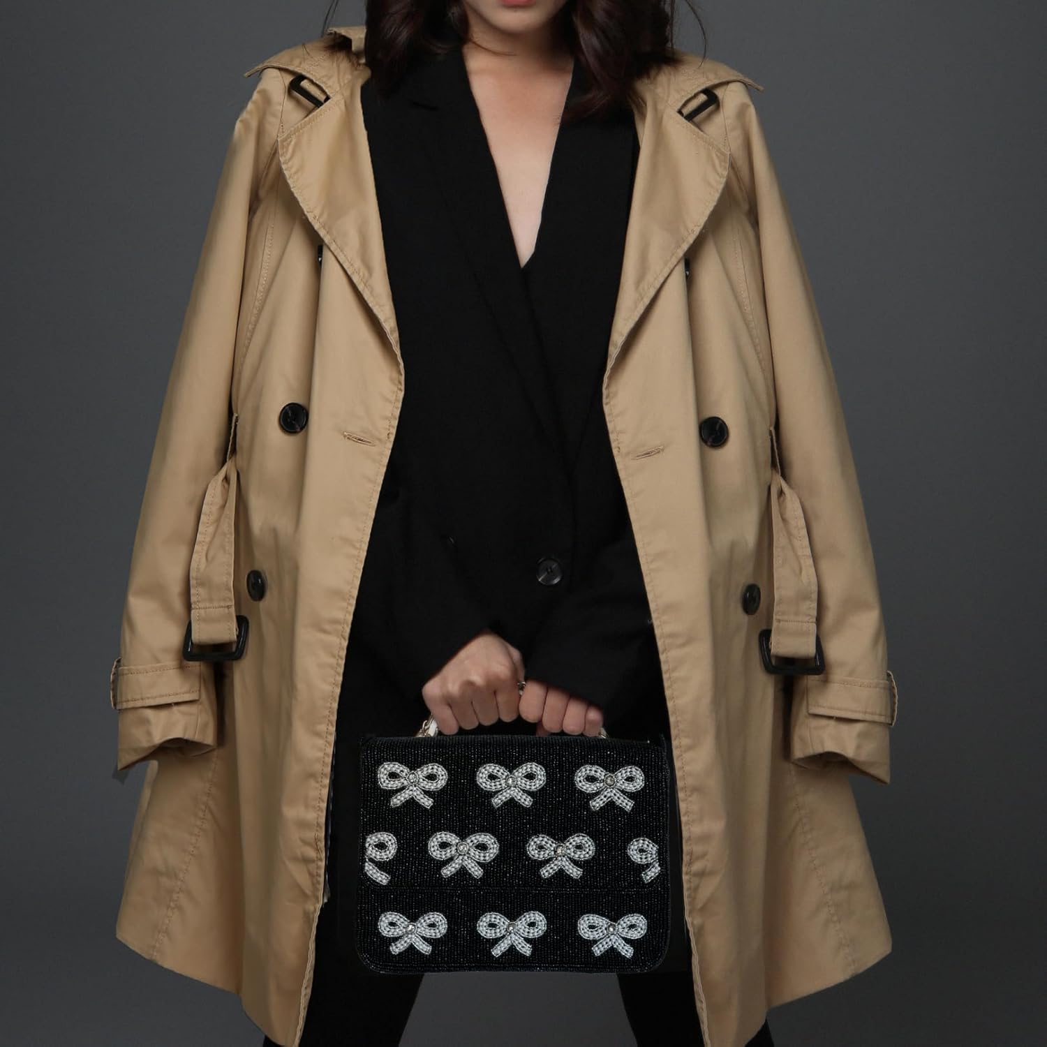 Elegant Black Beaded Shoulder Bag with Bow Accents, Chic Formal & Casual Occasions, Lightweight & Durable (Bow Elegance) - Image 2