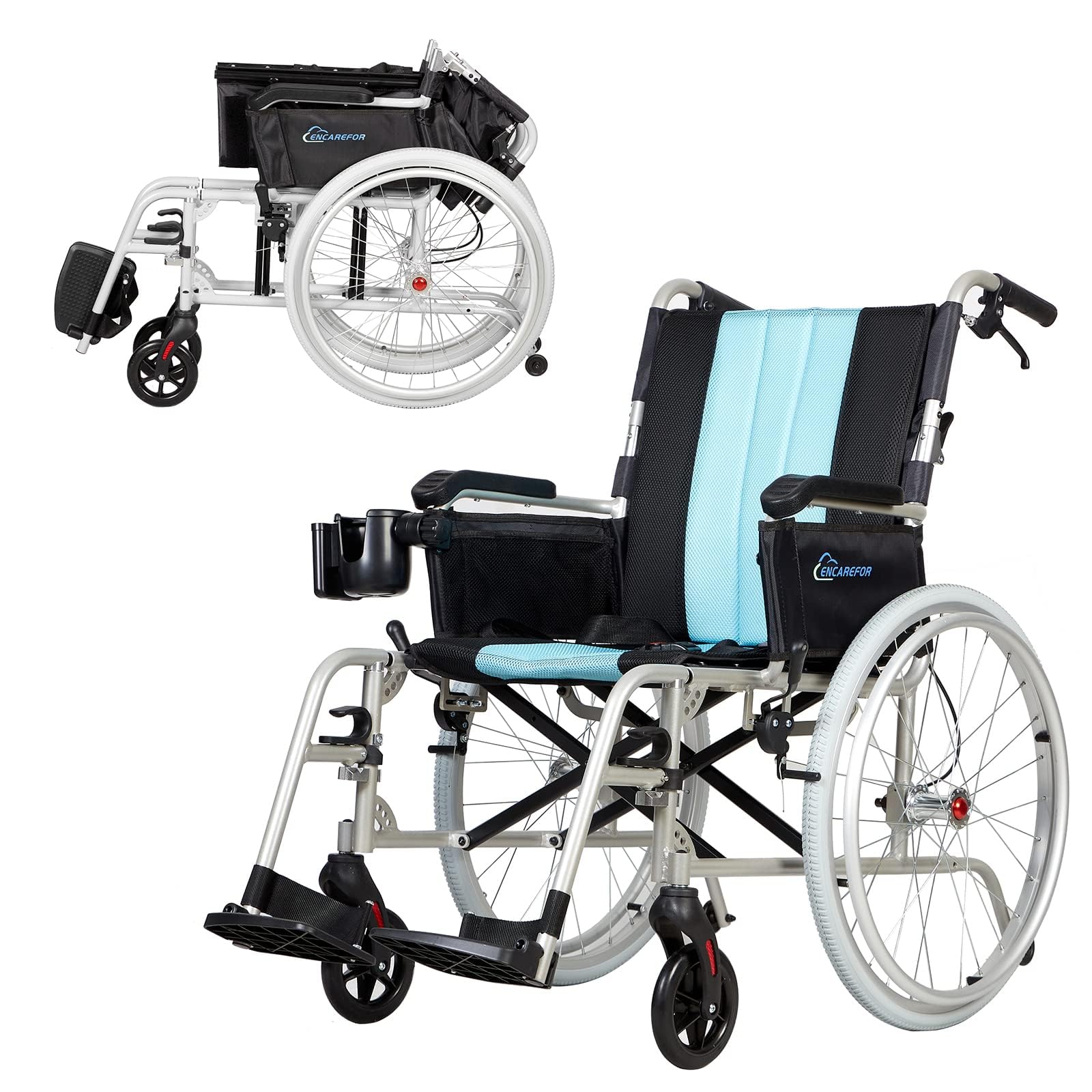 con silla de ruedas plegable ligera de 5,8 kg, respaldo ergonómico, asiento de 50 cm, silla de ruedas para ancianos y discapacitados, silla de ruedas autopropulsada de magnesio y plata