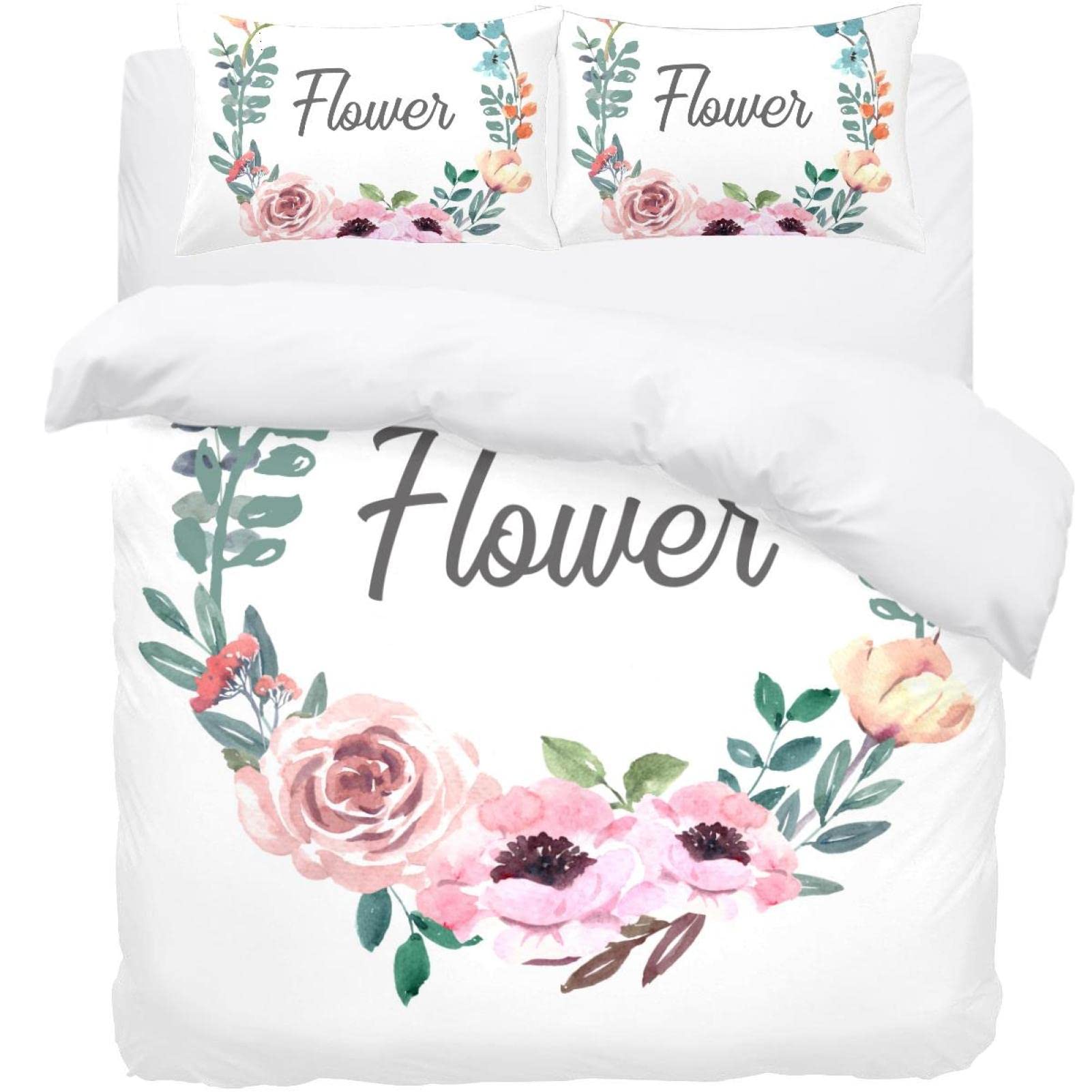 Housse de couette et 2 taies d'oreiller couronne florale pour chambre