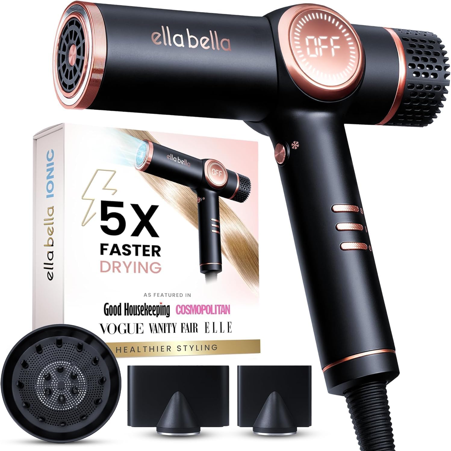 ELLA BELLAยฎ Professional Ionic Hair Dryer with Diffuser โข Negative Ion Blow Dryer โข Suitable All Hair Types โข Intelligent Heat Control & Rapid Drying Speeds โข Lightweight Design โข Low Noise Technology