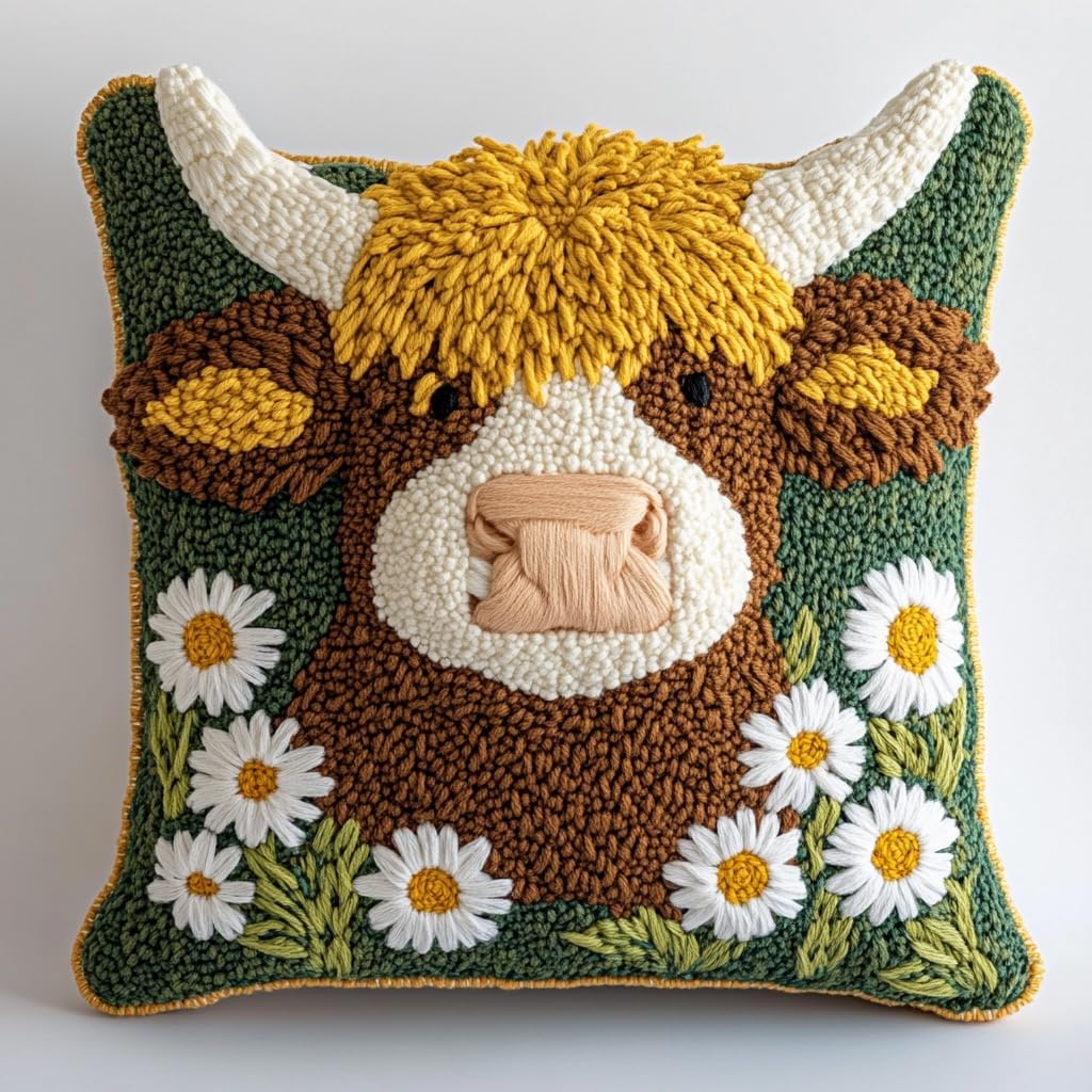 DIY Punch Needle Pillow Kit Cute Highland Cow Daisy Flowers with Pattern and Hoop Handmade Embroidery Punch Needle Starter Pillowcase Set for Home Sofa Decor 43x43cm-1-65