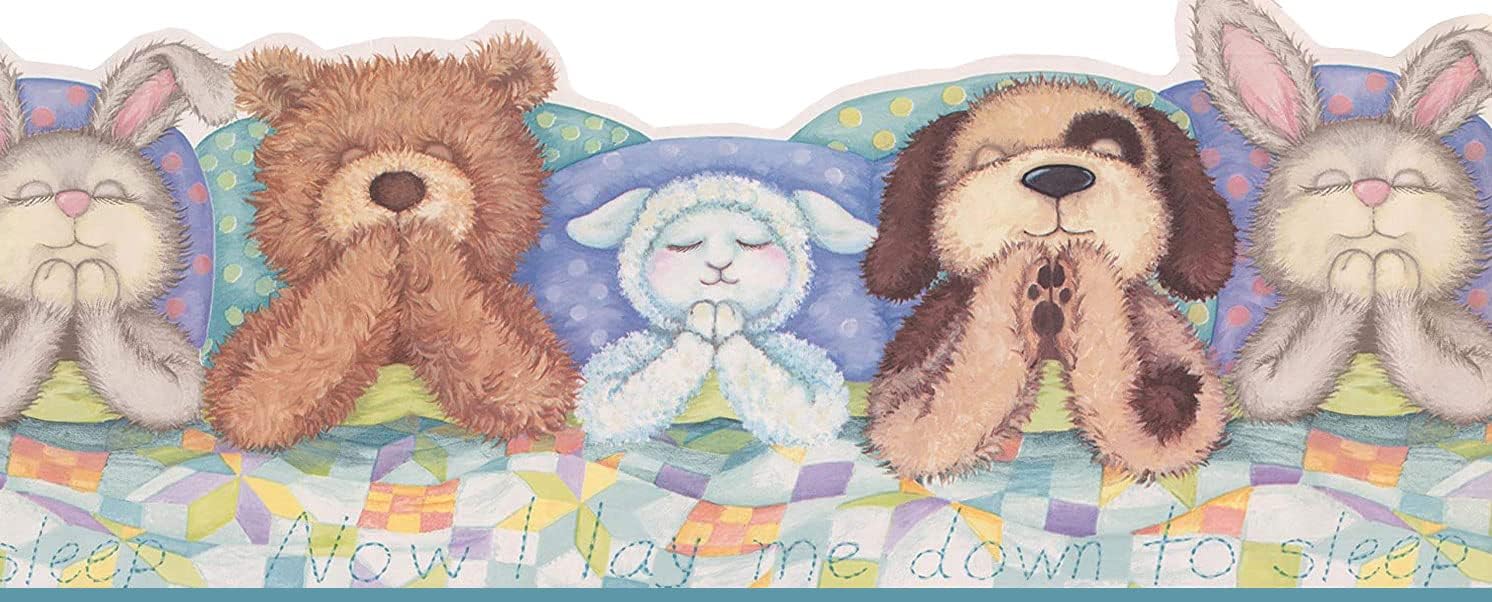 CONCORD WALLCOVERINGS ™ Praying Animals Nursery Wallpaper Border, 10" x 15' for Bedroom Playroom, with Die-Cut Edge, Washable Vinyl, Blue Green Brown Hues, Prepasted #IB9948B