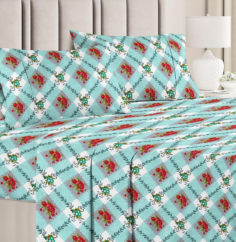 Image of BSB HOME 100% Cotton Double Bed Bedsheet Set | 144 TC Soft & Breathable | Sky Blue Rose Print with 2 Pillow Covers | Wrinkle Free | for Bedroom & Gifting (90 x 90 Inches)