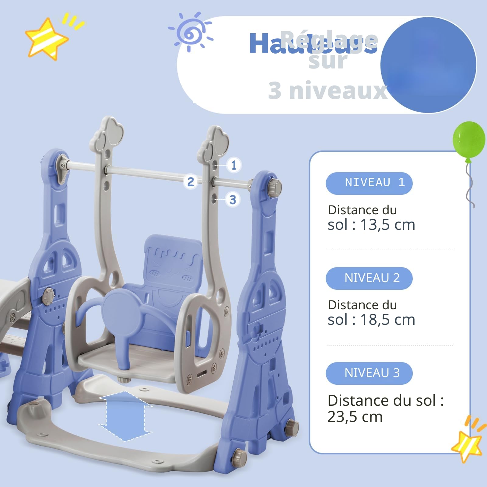 Toboggan pour Enfant 4 en 1,Toboggan Intérieur et Extérieur avec Panier de Basket, Escalier,Balançoire Toboggans autoportant,échelle d'escalade, pour Enfants de 1 à 4 Ans,Bleu,140x118x82cm
