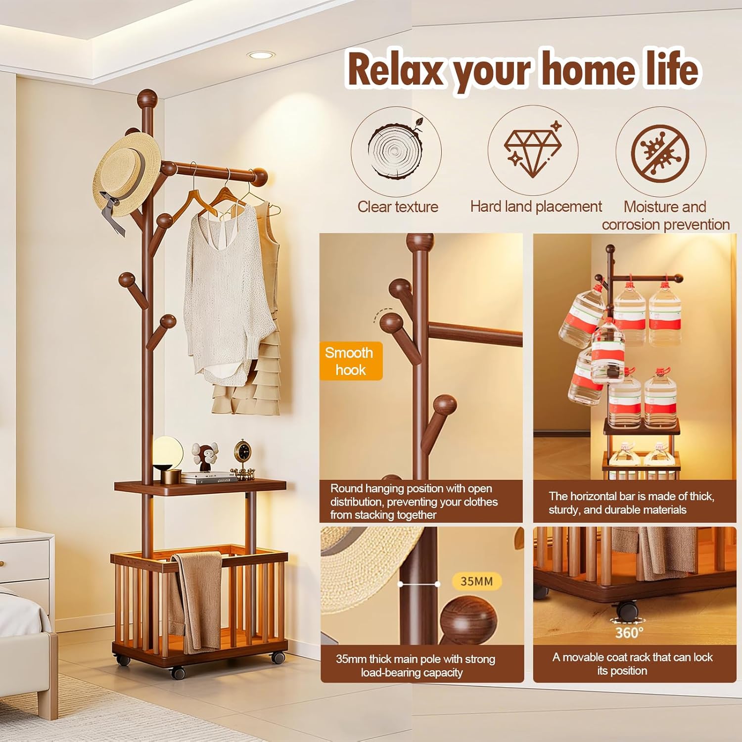 Solid Wood Coat Rack Clothes Rack, Coat Rack Freestanding with Storage Basket Heavy Duty Coat Tree for Entryway, Living room, Coat Hanger Stand for Hats, Bags Clothes