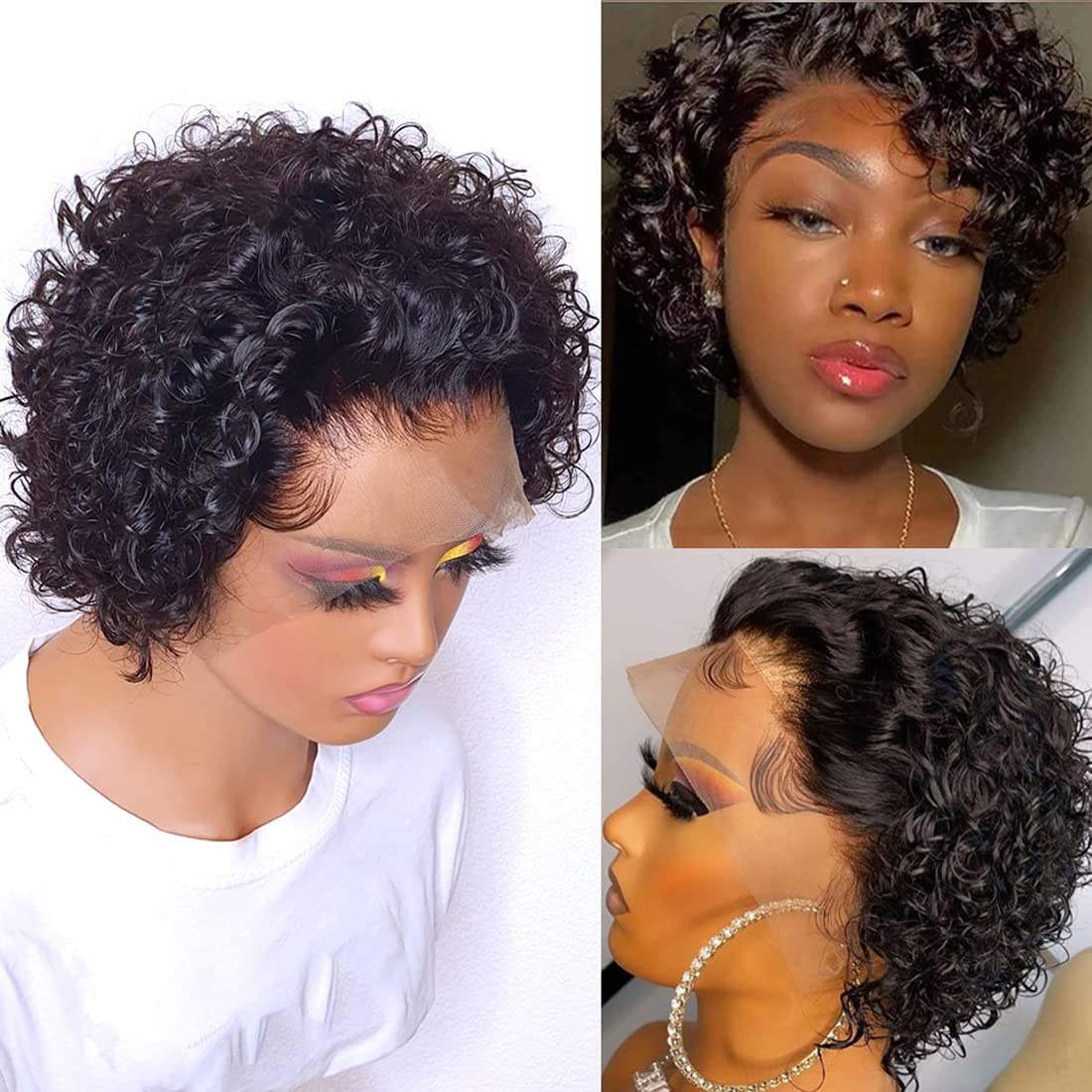 PORSMEER Short Curly Human Hair Wigs for Women,13X4 Lace Front Pixie Cut Wigs Short Afro Curly Bob Wig for Black Women Natural Black - Image 4