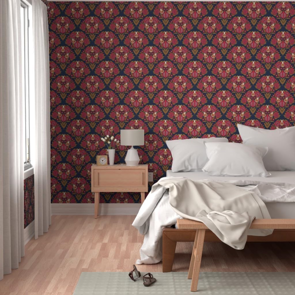 Spoonflower Removable Wallpaper 6ft x 2ft - Damask Blue Gold Rose Maroon Custom Pre-Pasted Wallpaper