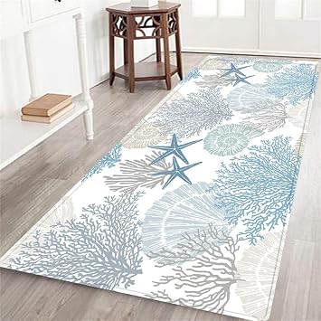 Beach Coastal Runner Rug for Hallway 2x6 Starfish Ocean Theme Throw Rug Teal Blue Area Rug Nautical Hallway Rugs Non-Slip Floor Carpet for Bedroom Laundry Room Entrance Door Mat Washable Kitchen Rugs