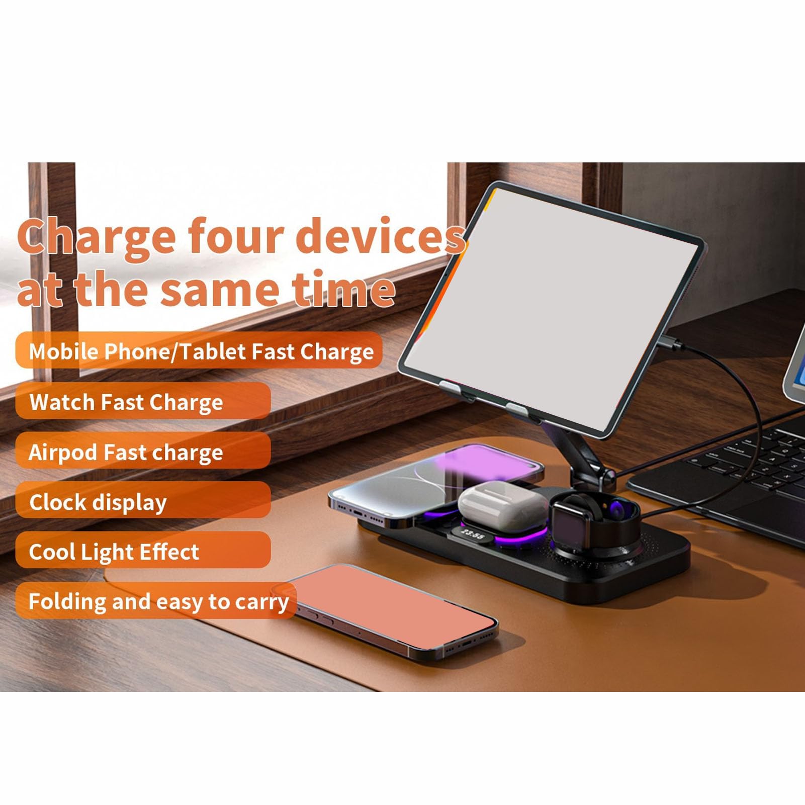 Tangxi 6 en 1 Chargeur sans Fil pour Les Appareils iOS, Station de Charge Rapide 15W avec Horloge Numérique et 6 Lumières Réglables de Couleur, pour la Série 16 15 14 Watch Series 1 à (Black)