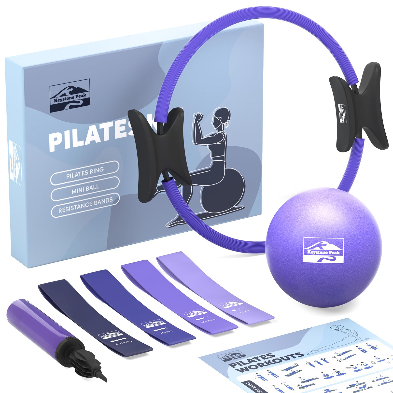 Kit Pilates Maison – Cercle Pilates Accessoires avec Mini Ballon, 4 Bandes de Résistance, Poster & Sac – Équipement pour Renforcement Musculaire, Gainage & Yoga à Domicile