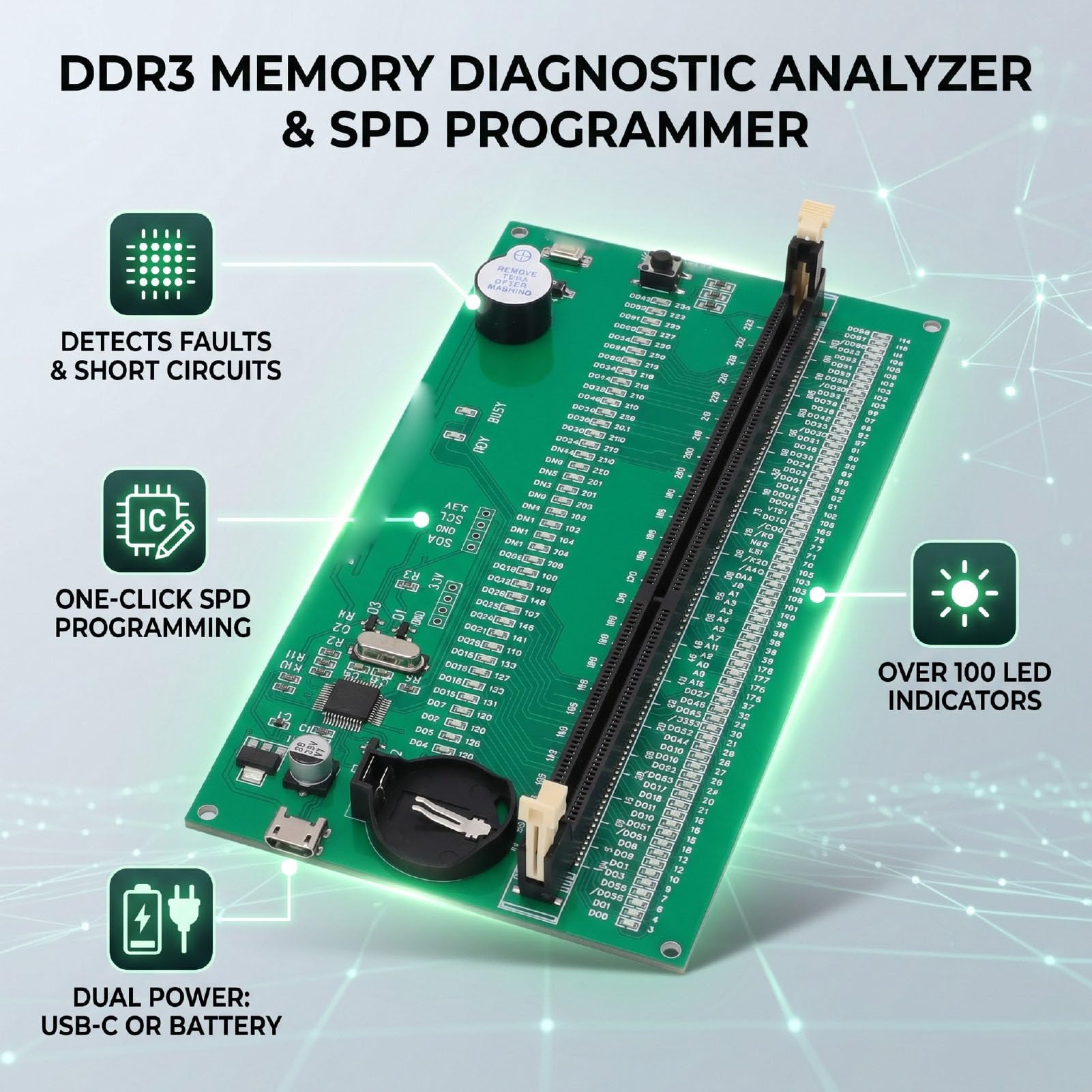Fabater Tester Memoria DDR3, Programmatore SPD con Doppia Alimentazione | Indicatori LED per riparare PC desktop e server, analisi diagnostica rapida