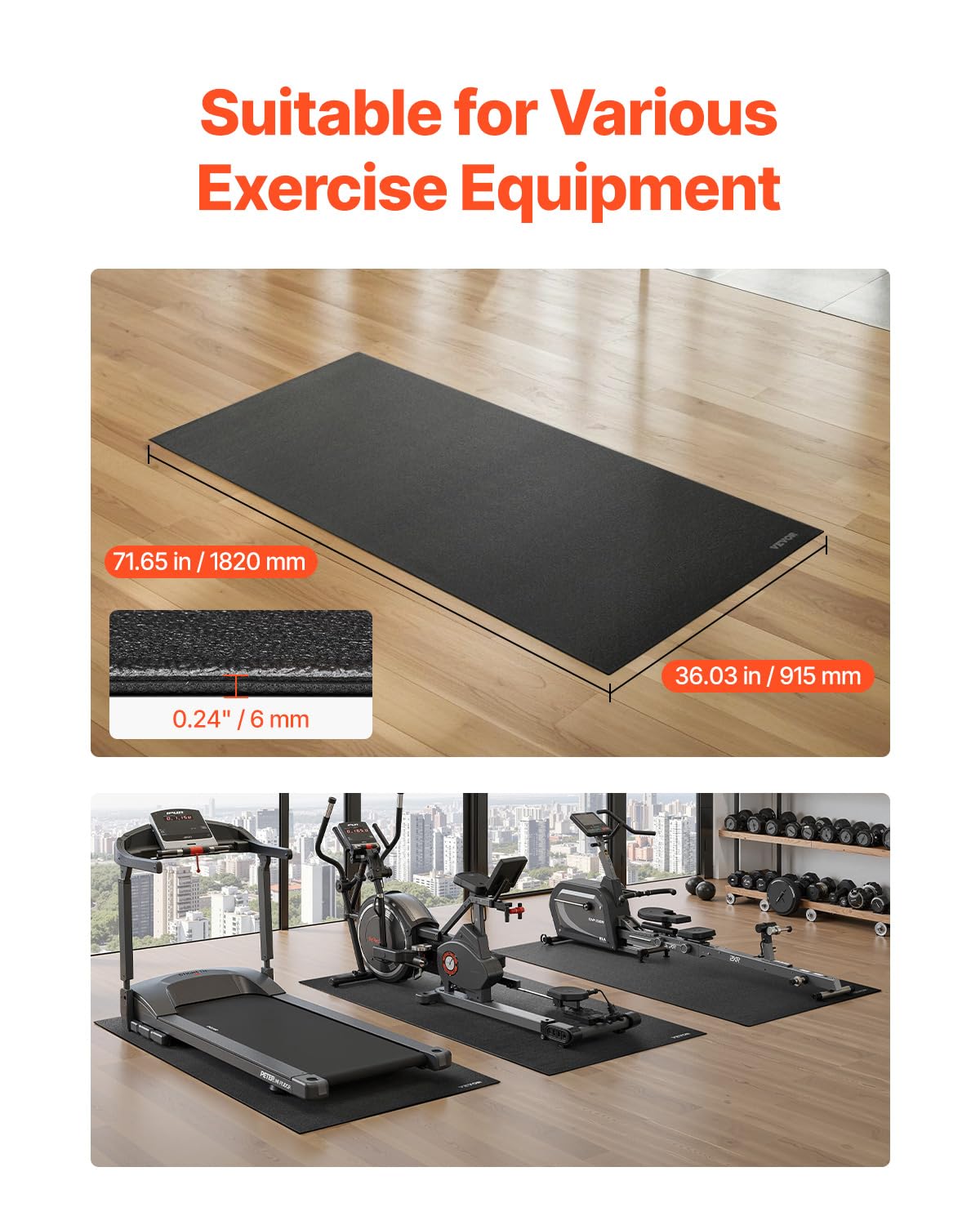 VEVOR Alfombrilla para Cinta de Correr, PVC de Alta Densidad, Impermeable y Antideslizante, Absorción de Impactos, Reducción de Ruido, Ideal para Gimnasios en Casa y Fitness, 915 x 1820 x 6 mm