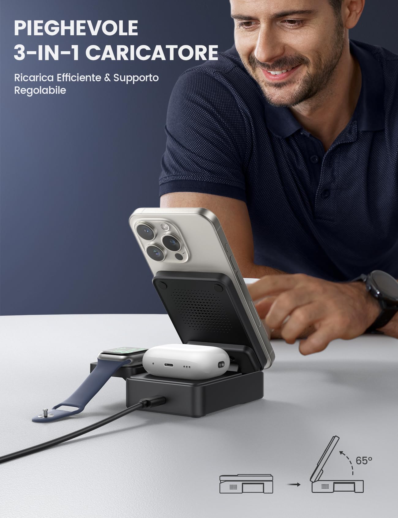 Lamicall 3-IN-1 Caricatore Wireless pour MagSafe - [Pieghevole] Stazione Ricarica da Viaggio, Base Ricarica con Supporto per iPhone 16/15/14/13/12, per AirPods 2/3/Pro, Compatibile con Apple Watch