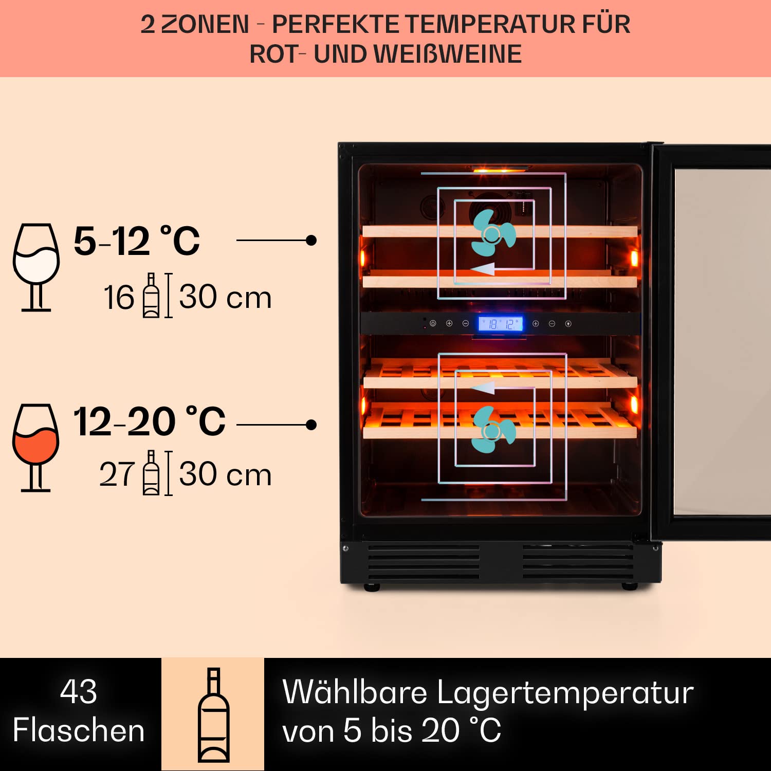 Klarstein Einbau-Weinkühlschrank 2 Zonen 129L 43 Flaschen Glastür