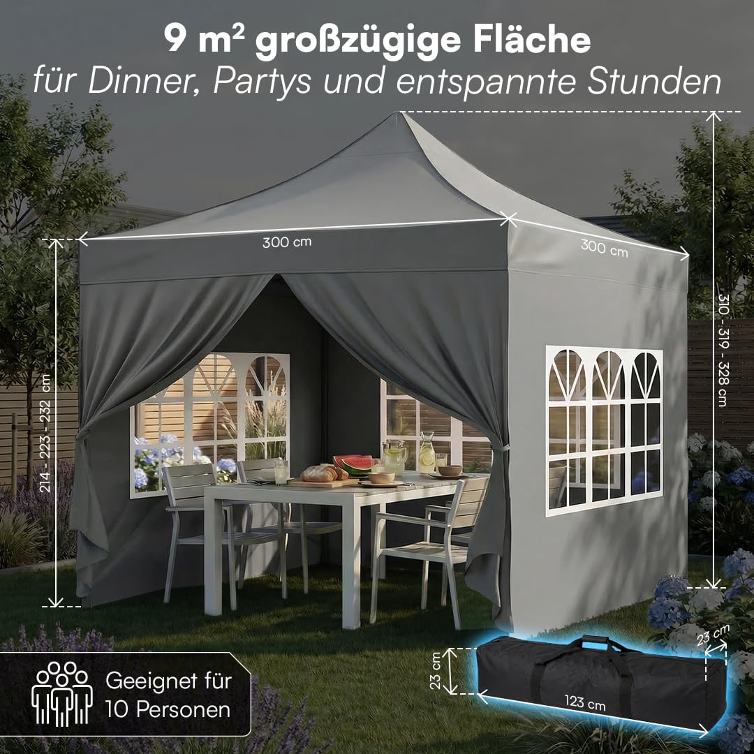 STEELSØN Rynara Pavillon 3x3 m – Faltpavillon mit 4 Seitenteilen – hochwertiger Gartenpavillon inkl. Tragetasche mit Rädern & 3-Fach höhenverstellbar – extrem stabil & UV-/wetterfest - grau