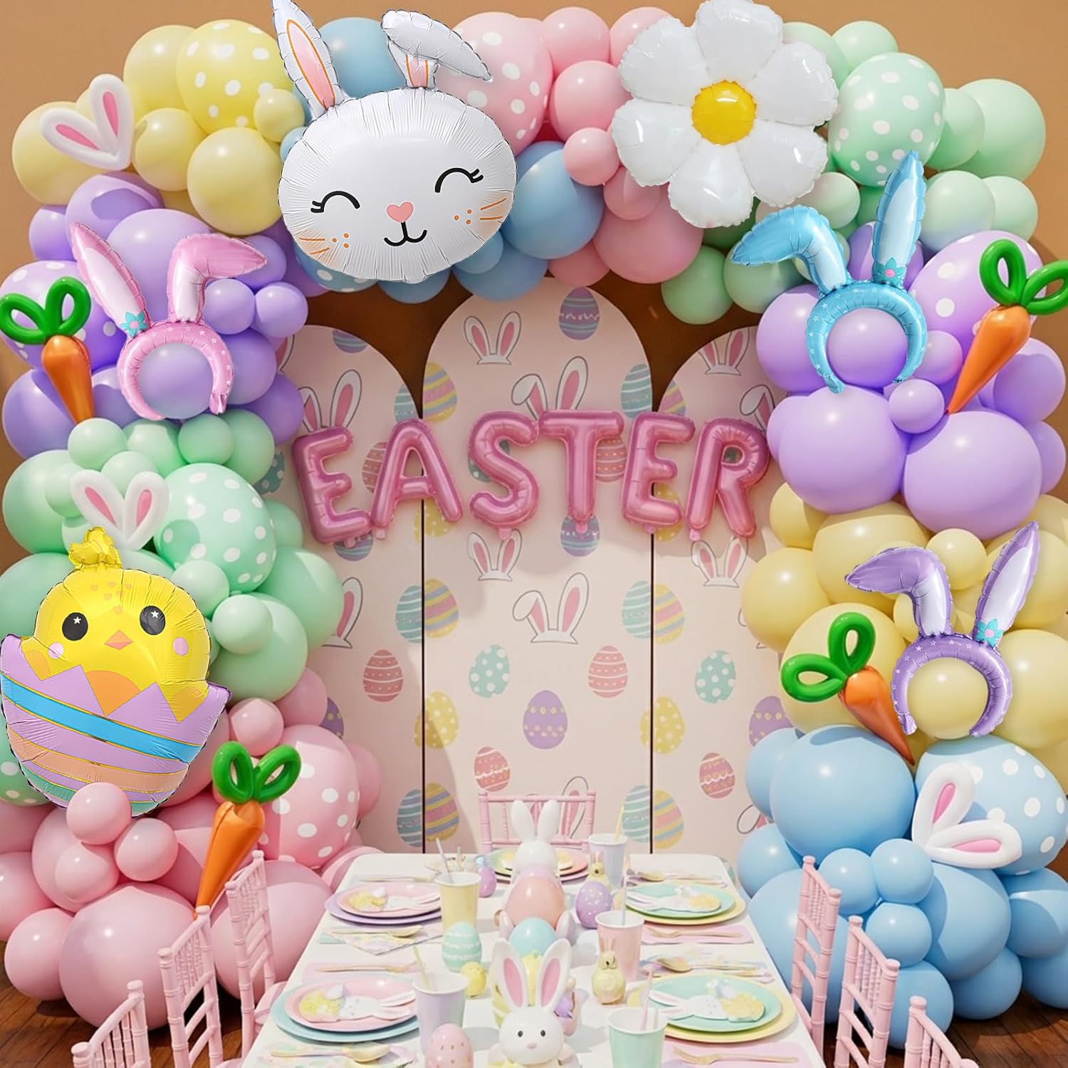 161PCS Easter Balloon Arch Garland kit with Rainbow Easter Balloon Garland Kit,Bunny, Carrot & Chicken Foil Balloons, Happy Easter Color Balloons for Easter Party Decorations, Spring Birthday